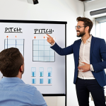 **A startup pitch meeting:** A confident entrepreneur is presenting a concise and visually appealing pitch deck to a panel of investors. The entrepreneur is gesturing enthusiastically, and the investors are listening attentively, some taking notes. The scene is in a modern office setting, with a focus on clear communication and positive energy. *Keywords: startup, pitch, investors, presentation, confidence, storytelling.*
