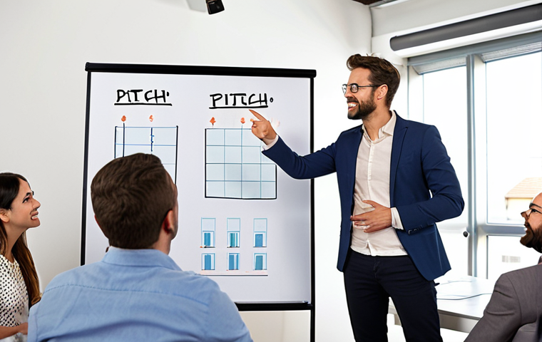 **A startup pitch meeting:** A confident entrepreneur is presenting a concise and visually appealing pitch deck to a panel of investors. The entrepreneur is gesturing enthusiastically, and the investors are listening attentively, some taking notes. The scene is in a modern office setting, with a focus on clear communication and positive energy. *Keywords: startup, pitch, investors, presentation, confidence, storytelling.*